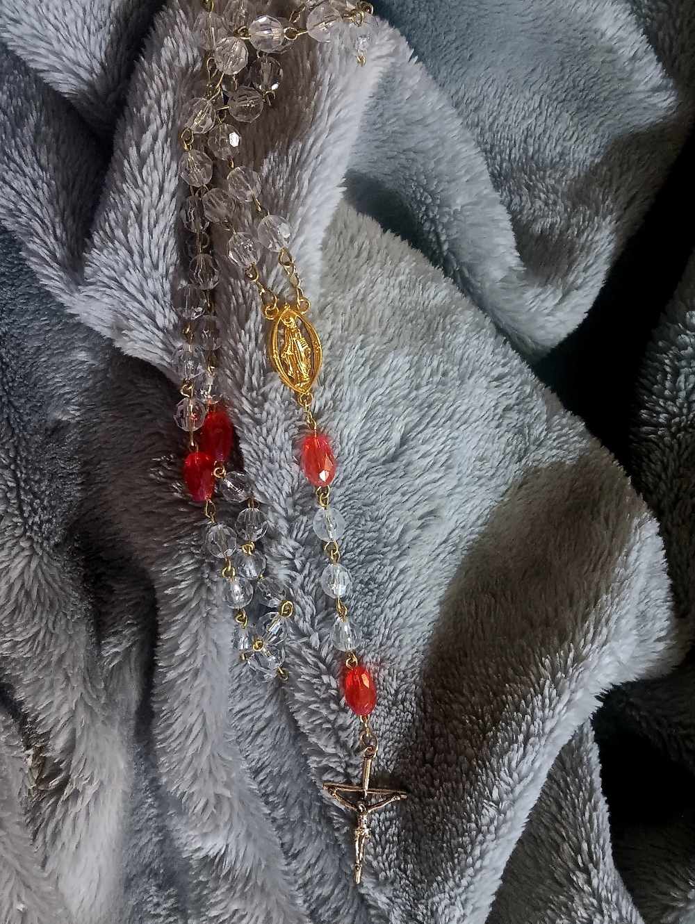 Gold-Tone Rosary with Red and Clear Beads